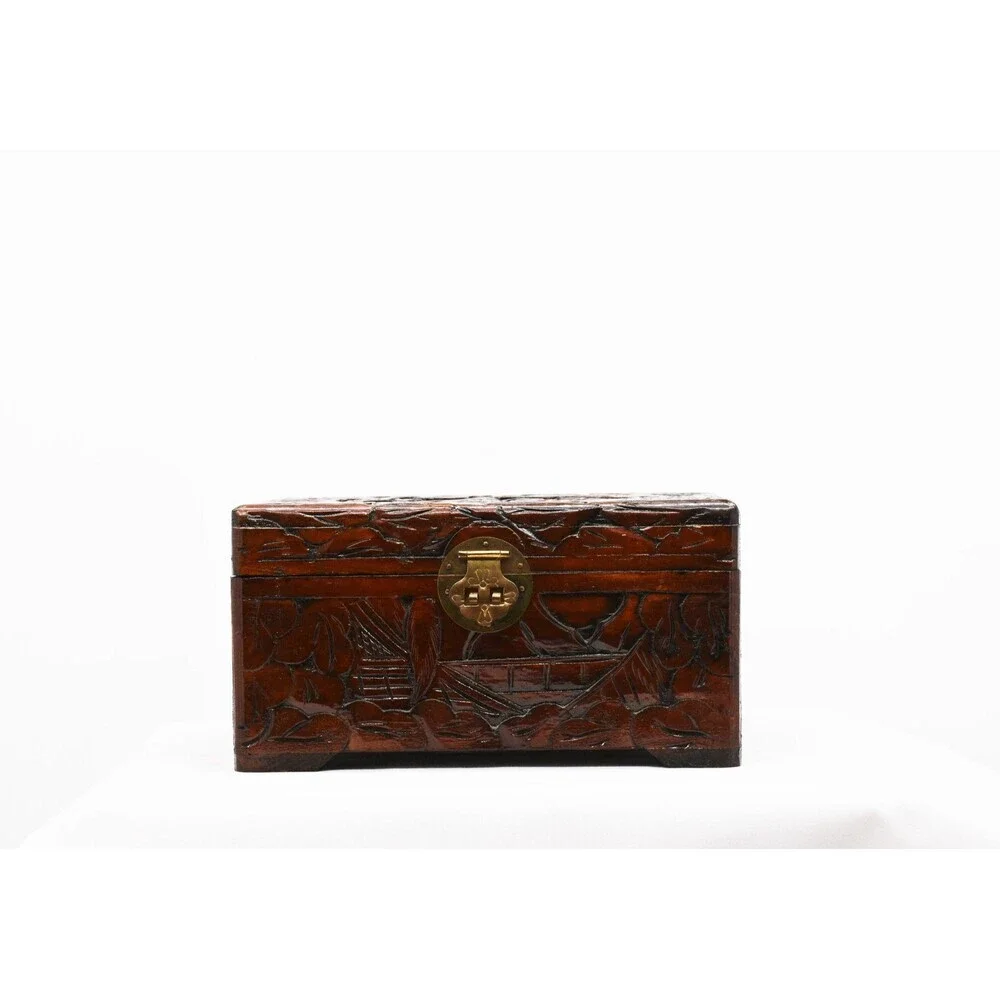 Classic Carved Asian Wooden Box with Red Felt Lining